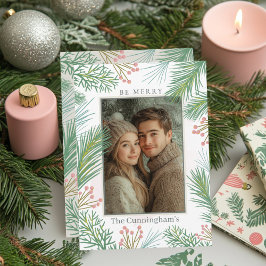 Tarjeta Festiva Navidades Pastel Rosa y Green Holly