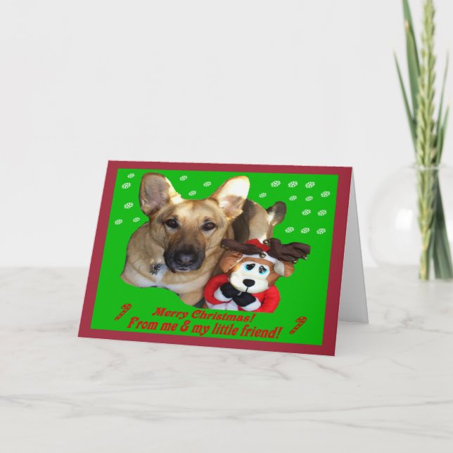 Tarjeta Festiva Navidades Pastor alemán y reno de juguetes (Anverso)