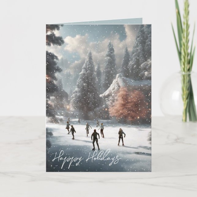 Tarjeta Festiva Navidades Patinadores De Hielo En Un Estanque (Anverso)