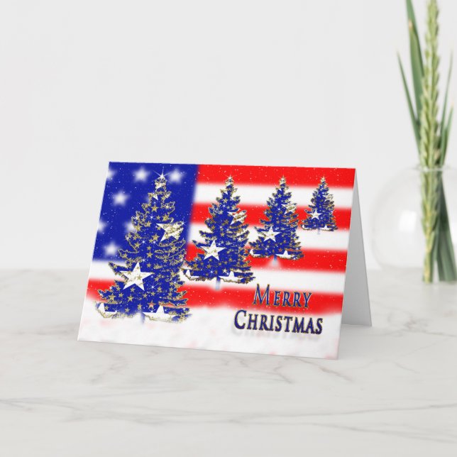 TARJETA FESTIVA NAVIDADES - PATRIÓTICO - BANDERA Y ÁRBOLES (Anverso)