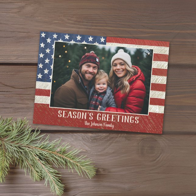 Tarjeta Festiva Navidades patrióticos 1 foto Bandera estadounidens (USA Flag design with a placeholder for 1 photo - Add a greeting and family signature)