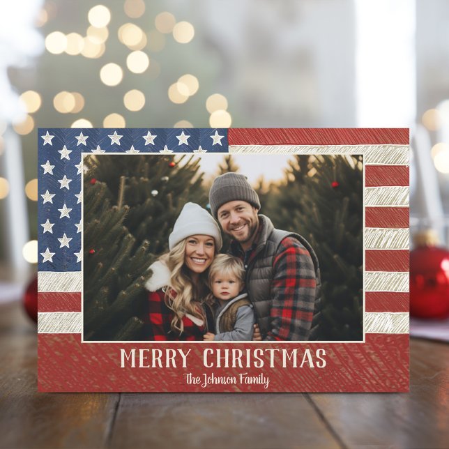 Tarjeta Festiva Navidades patrióticos 1 foto Bandera estadounidens (Christmas Photo Card with a USA Military Patriotic Theme)