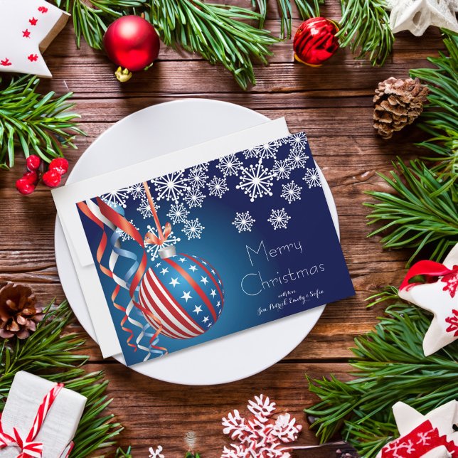 Tarjeta Festiva Navidades patrióticos azules (Card on table)