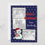 Tarjeta Festiva Navidades Patrióticos de los Estados Unidos<br><div class="desc">Tarjeta plana con fotos en blanco y azul rojo para Navidades patrióticos.  Hombre de nieve con una bandera estadounidense,  personalizar con tres fotos y tu propio texto.</div>