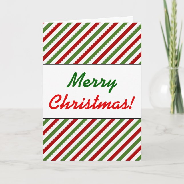 Tarjeta Festiva Navidades; patrón de rayas rojas, blancas y verdes (Anverso)