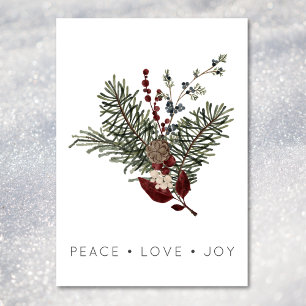 Tarjeta Festiva Navidades Paz Amor Rústico Mínimo Holly Pine