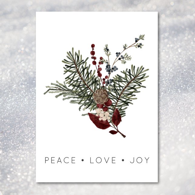 Tarjeta Festiva Navidades Paz Amor Rústico Mínimo Holly Pine (Christmas Peace Love Rustic Minimal Holly Pine Holiday Card)