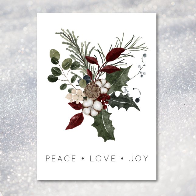 Tarjeta Festiva Navidades Paz Amor Rústico Mínimo Holly Verdor (Christmas Peace Love Rustic Minimal Holly Greenery Holiday Card)