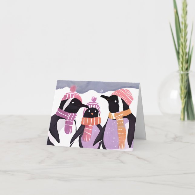 Tarjeta Festiva Navidades Penguin Friends | Acuarela de invierno (Anverso)