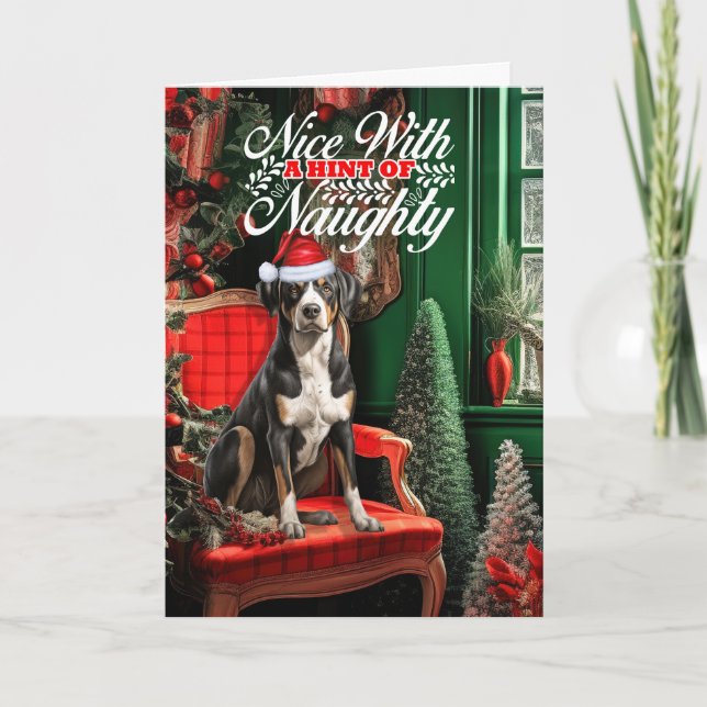 Tarjeta Festiva Navidades Perro de montaña suizo travieso o agrada (Anverso)