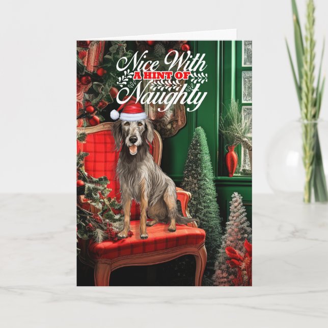 Tarjeta Festiva Navidades Perro erhound escocés travieso o bonito (Anverso)