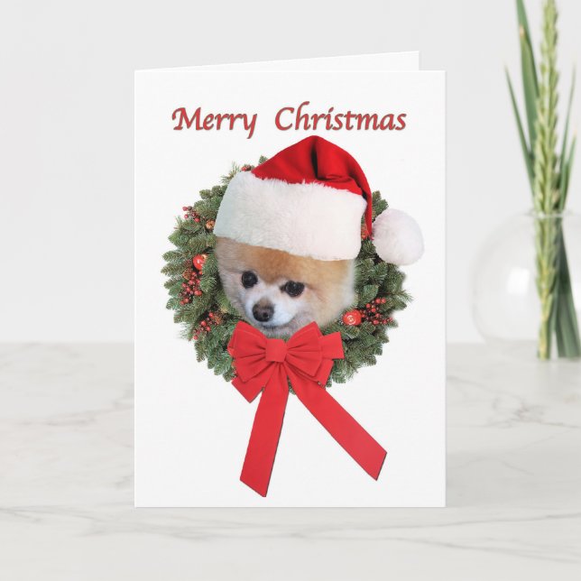 Tarjeta Festiva Navidades, Perro Pomeraniano, Santa Hat (Anverso)