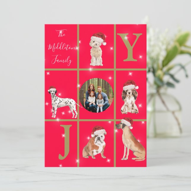 Tarjeta Festiva Navidades Perros Fun Photo Red Holiday Card (Anverso de pie)