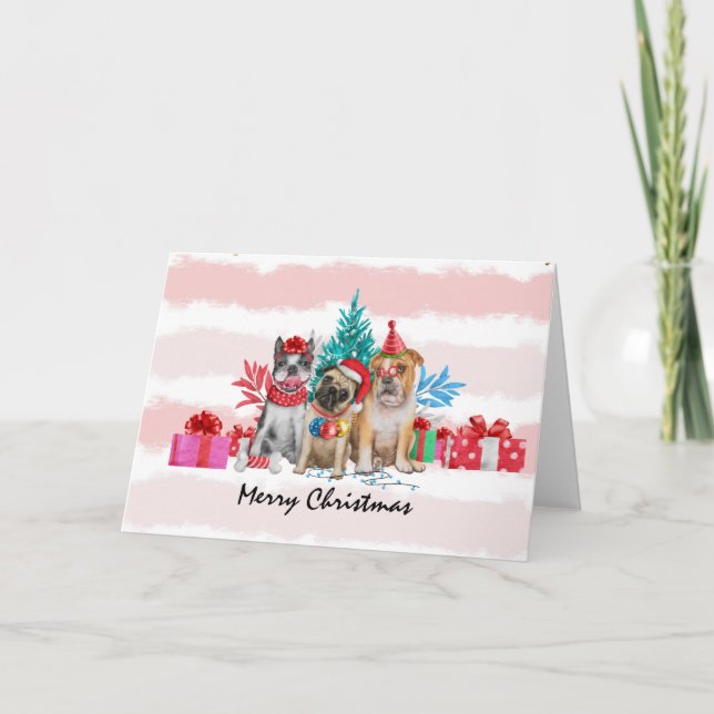 Tarjeta Festiva Navidades perros lindos con caja de regalos (Anverso)