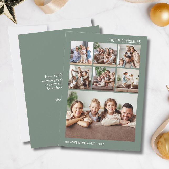 Tarjeta Festiva Navidades Personalizado 7 Collage de fotos de fami (Christmas Custom 7 Family Photo Collage Sage Green Holiday Card)