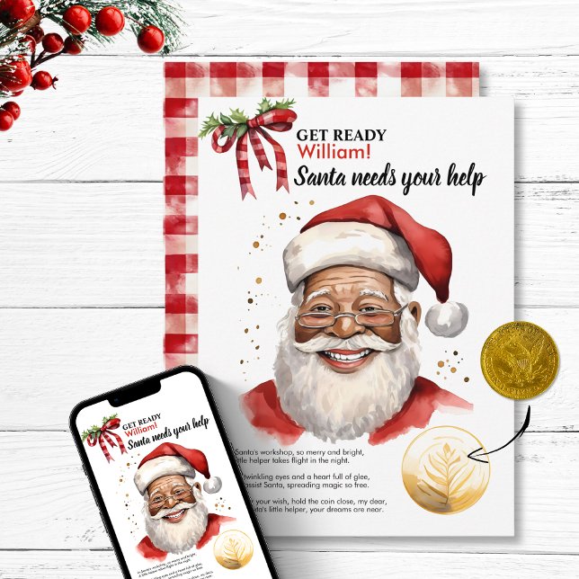 Tarjeta Festiva Navidades Personalizado Nombre del niño Santa Mági (Christmas eve Custom Child Name Santa Magic Coin Wish Holiday Card personalized gift north pole )