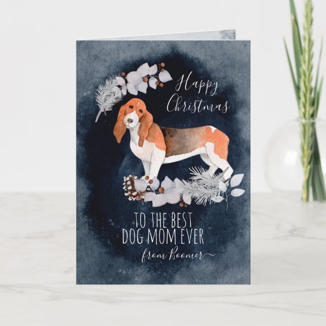 Tarjeta Festiva Navidades personalizados de Bassett Hound Mom (Anverso)
