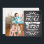 Tarjeta Festiva navidades Personalizados de Chalkboard Vintage de<br><div class="desc">La tarjeta de fotos de vacaciones rustica vintage cool pizarra gris pizarra incluye dos de tus fotos digitales. El gris de moda con un toque de tiza blanca y fresco escrito a mano es un tema moderno del Holidays! Fotografía tomada de la plaza © Storytree Studios,  Stanford,  CA</div>