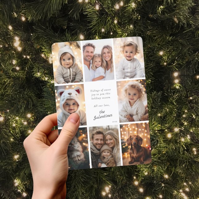 Tarjeta Festiva Navidades personalizados de Collage de fotos moder (Modern Family Photo Collage Personalized Christmas Holiday Card)