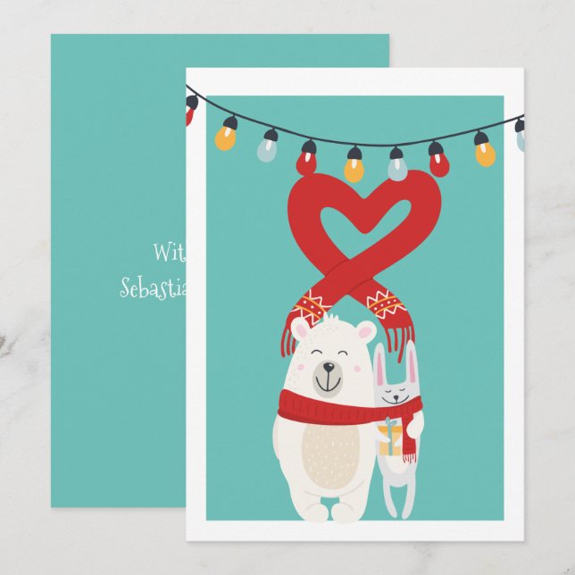 Tarjeta Festiva Navidades Personalizados De Oso Y Conejito (Anverso / Reverso)