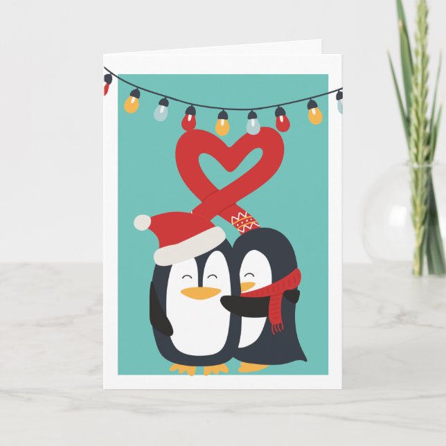 Tarjeta Festiva Navidades personalizados de pareja de pingüinos (Anverso)