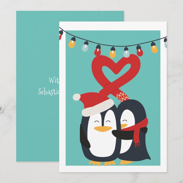 Tarjeta Festiva Navidades personalizados de pareja de pingüinos (Anverso / Reverso)