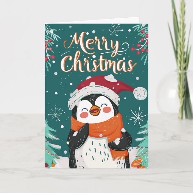 Tarjeta Festiva Navidades personalizados de pingüino (Anverso)