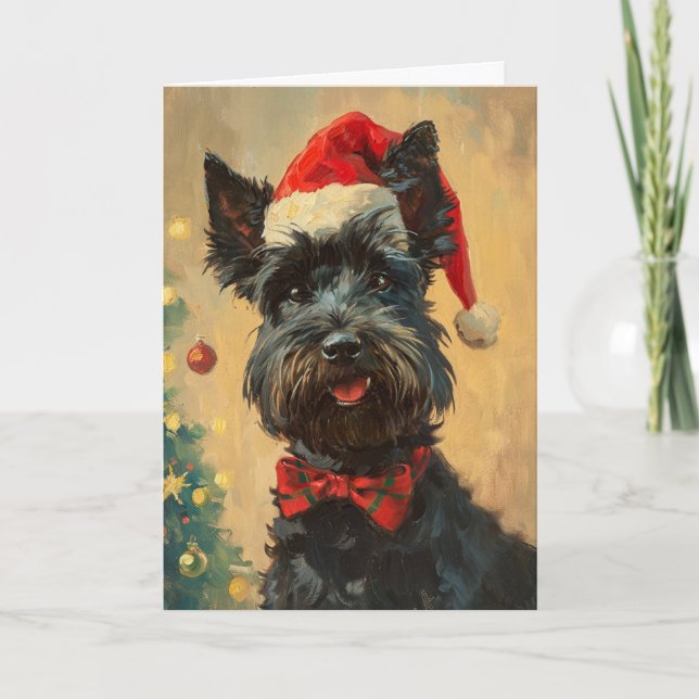 Tarjeta Festiva Navidades personalizados de Scottish Terrier Vinta (Anverso)