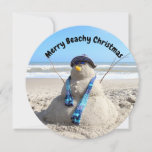 Tarjeta Festiva Navidades personalizados de Snowman Beach en Flori<br><div class="desc">Foto de un muñeco de nieve de escultura de arena - fácilmente personalizar el texto.</div>