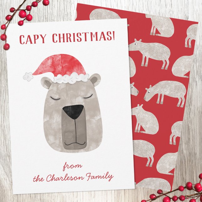 Tarjeta Festiva Navidades personalizados del capibara divertidos (Fun capybara personalized Christmas holidays card with original watercolor art by Nic Squirrell. )