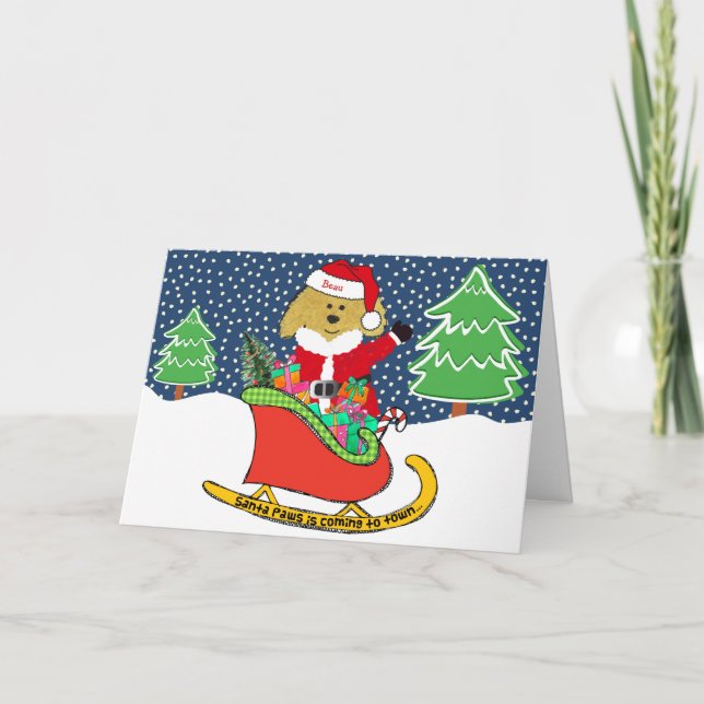 Tarjeta Festiva Navidades personalizados GoldenDoodle Santa Sleigh (Anverso)