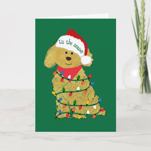 Tarjeta Festiva Navidades personalizados iluminan Goldendoodle (Anverso)