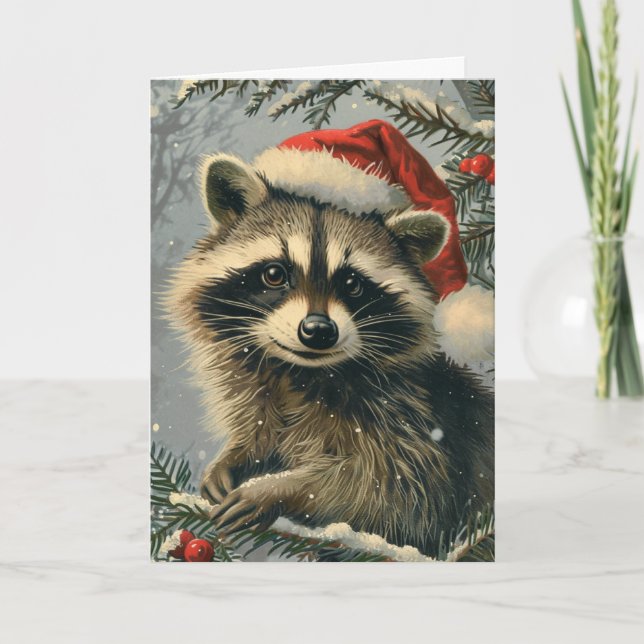 Tarjeta Festiva Navidades personalizados Raccoon vintage (Anverso)