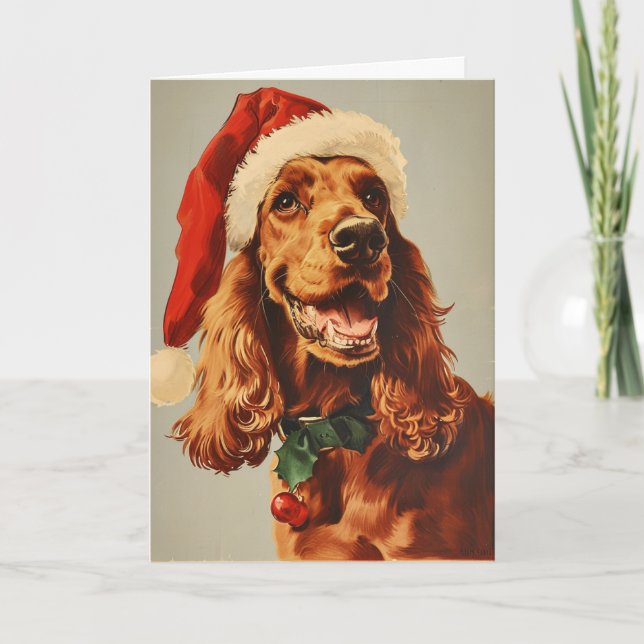 Tarjeta Festiva Navidades personalizados vintage de Irish Setter (Anverso)
