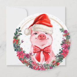 Tarjeta Festiva Navidades Pig Cute Piglet Bow Wreath Polka Dots