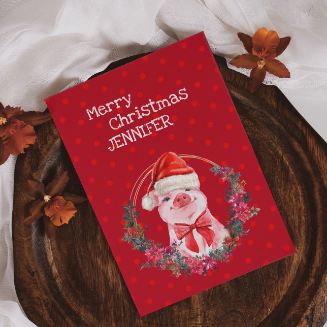 Tarjeta Festiva Navidades Pig Cute Piglet Bow Wreath Polka Dots (Subido por el creador)