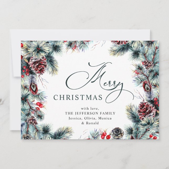 Tarjeta Festiva Navidades Pine Cones Saludo Rústico (Anverso)