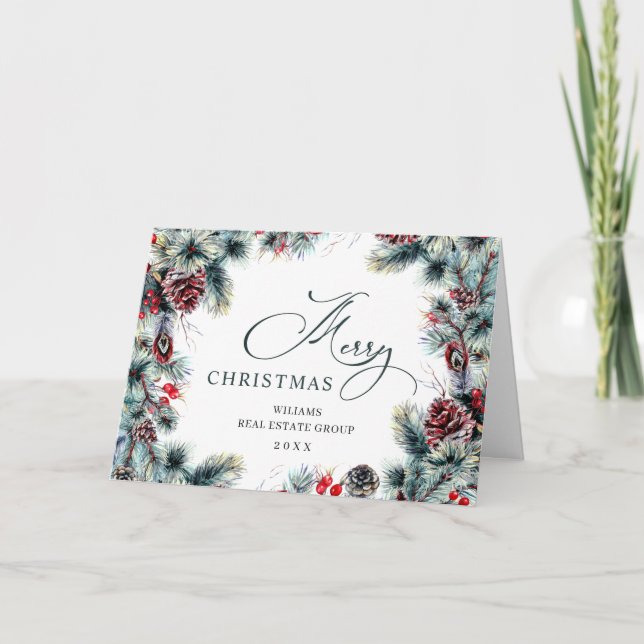 Tarjeta Festiva Navidades Pine Cones Saludo Rústico Corporativo (Anverso)