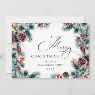 Tarjeta Festiva Navidades Pine Cones Saludo Rústico Corporativo