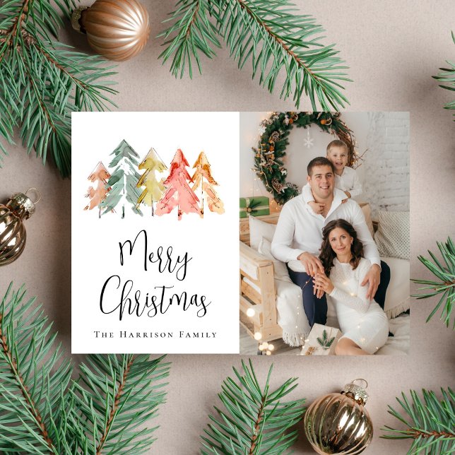 Tarjeta Festiva Navidades Pine Tree Watercolor Photo (Share the love and warmth of the holiday season with this personalized photo Christmas card)