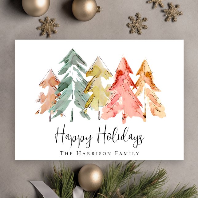 Tarjeta Festiva Navidades Pine Tree Watercolor Photo (Capture the joy, love & laughter shared with your family and friends in a card that's uniquely yours)