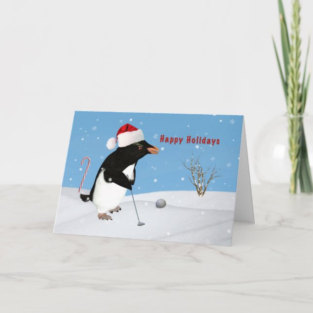 Tarjeta Festiva Navidades, Pingüino Jugando Golf (Anverso)