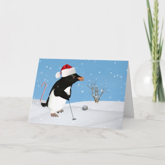 Tarjeta Festiva Navidades, Pingüino Jugando Golf (Anverso)