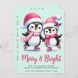 Tarjeta Festiva Navidades Pingüino Rosa y Mimbre Brillante