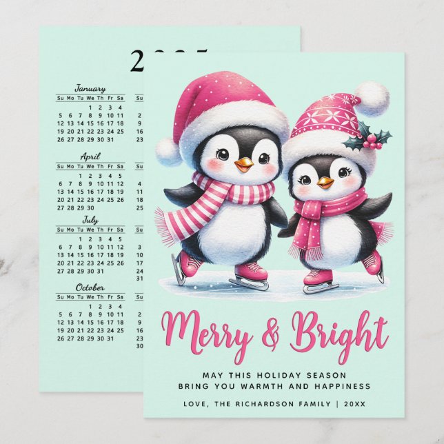 Tarjeta Festiva Navidades Pingüino Rosa y Mimbre Brillante (Anverso / Reverso)