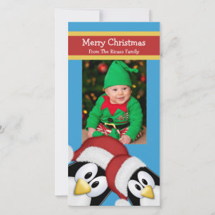 Tarjeta Festiva Navidades Pingüinos Azul Y Rojo Personalizados