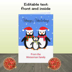 Tarjeta Festiva Navidades pingüinos feliz vacaciones texto editabl