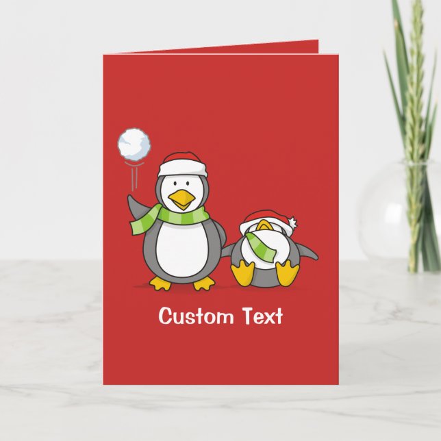Tarjeta Festiva Navidades Pingüinos Snowballing (Anverso)
