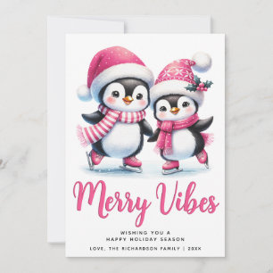 Tarjeta Festiva Navidades Pink Merry Vibes Ice Skyline Pingüins