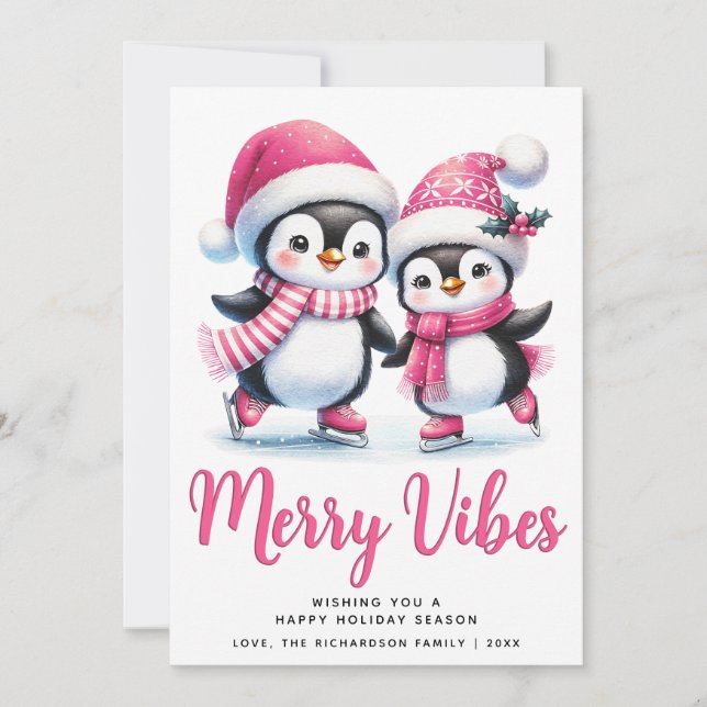 Tarjeta Festiva Navidades Pink Merry Vibes Ice Skyline Pingüins (Anverso)